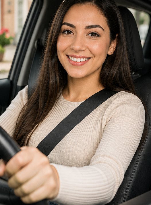Alumna sonriente al volante durante una clase de conducción